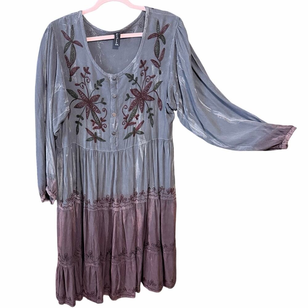 Sacred threads long sleeve boho ombré floral embroidered dress XXL gray maroon